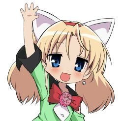  :3 animal_ears blonde_hair blue_eyes cat_ears cosplay earrings female imageboard_desourced izumi_konata jewelpet_(series) jewelpet_twinkle jewelry long_hair lucky_star miria_marigold_mackenzie miria_marigold_mackenzie_(cosplay) non-web_source nyama open_mouth parody simple_background smile solo style_parody twintails waving white_background 