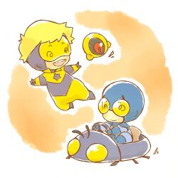  2boys blonde_hair blue_beetle booster_gold chibi dc_comics driving goggles lowres male male_focus mask multiple_boys skeet smile star superhero ted_kord 