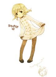  1boy ^_^ ^q^ aozaki_touko bad_id bad_pixiv_id blonde_hair chibi chibi_inset closed_eyes coat green_eyes imagining lugh_beowulf mahou_tsukai_no_yoru male_focus otoko_no_ko pantyhose skirt_hold solo yuni_(via_junk) 