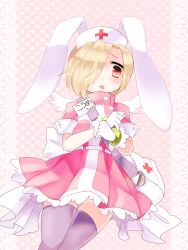  angel_wings animal_ears bag blonde_hair blush bunny_ears cosplay cross fake_animal_ears female gloves hair_over_one_eye hat highres idolmaster idolmaster_cinderella_girls lolita_fashion nakahara_komugi nakahara_komugi_(cosplay) namco name_tag nurse nurse_cap nurse_witch_komugi-chan open_mouth pale_skin pleated_skirt red_eyes ribbon shirasaka_koume short_hair skirt soul_taker sweet_lolita tarabagani tatsunoko thighhighs white_legwear wings wrist_cuffs zettai_ryouiki 