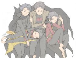  4boys barefoot bat_symbol batman batman_(series) belt black_hair brother brothers cape damian_wayne dc_comics dick_grayson family jacket jason_todd legacy male male_focus multiple_boys nato red_hood red_hood_(dc) red_robin robin_(dc) siblings sleeping tim_drake 