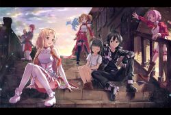  3boys 4girls agil asuna_(sao) bad_id bad_pixiv_id bald bare_shoulders black_eyes black_hair black_thighhighs boots brown_eyes brown_hair commentary_request detached_sleeves kirito klein_(sao) letterboxed light_particles lisbeth_(sao) long_hair long_legs multiple_boys multiple_girls outdoors outstretched_arm pina_(sao) pink_hair red_eyes shouin silica sitting sitting_on_stairs stairs standing sword_art_online thighhighs twintails white_thighhighs window yui_(sao) 