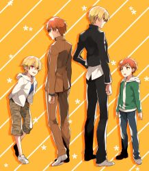  4boys blonde_hair casual child_gilgamesh_(fate) commentary_request dual_persona emiya_shirou fate/hollow_ataraxia fate/stay_night fate/zero fate_(series) gilgamesh_(fate) gilgamesh_(immoral_biker_jacket)_(fate) homurahara_academy_school_uniform hood hoodie kuroemon lolicon male_focus midriff multiple_boys official_alternate_costume orange_hair red_eyes school_uniform shorts 