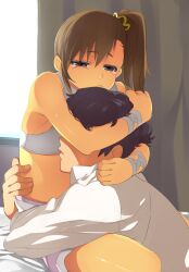  1boy bad_id bad_pixiv_id black_hair bra brown_eyes brown_hair female futami_mami hair_ornament highres hug idolmaster idolmaster_(classic) nishimuku_meri producer_(idolmaster) short_hair side_ponytail tears underwear 