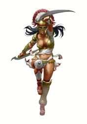  amazon armor breasts brown_hair cleavage dark_skin gladiator gladiator_begins helmet medeia official_art weapon 