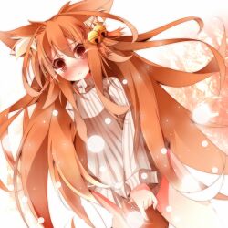  :&lt; animal_ears bell blush commentary_request daidai_ookami female hair_bell hair_ornament highres light_particles long_hair orange_hair original red_eyes solo sweater tatari_korou very_long_hair wolf_ears 