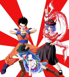  1boy 2girls arm_up black_dress black_hair blue_hair blue_skirt blush boots bow breasts capelet commentary_request cross-laced_footwear dragon_ball dragon_ball_z dress embarrassed food fruit hand_on_own_hip hat hat_bow highres hinanawi_tenshi index_finger_raised kamishima_kanon lace-up_boots leaf long_hair long_skirt mary_janes medium_breasts multiple_girls nagae_iku open_mouth outstretched_arm peach pose puffy_sleeves purple_hair red_eyes ribbon saturday_night_fever shawl shoes short_hair short_sleeves skirt smile socks son_gohan spiked_hair squatting standing sunburst sunburst_background sweatdrop touhou white_legwear 