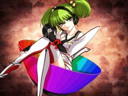  alternate_costume bare_shoulders black_gloves commentary_request crossed_legs dj female fingerless_gloves gloves green_eyes green_hair hair_bobbles hair_ornament harusame_(unmei_no_ikasumi) headphones highres kisume short_hair sitting solo touhou 