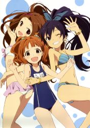  3girls :d ;d absurdres bikini black_hair bracelet breasts brown_hair casual_one-piece_swimsuit cleavage collarbone earrings flat_chest ganaha_hibiki grin high_ponytail highres hoop_earrings idolmaster idolmaster_(classic) iizuka_haruko jewelry long_hair medium_breasts minase_iori multiple_girls official_art one-piece_swimsuit one_eye_closed open_mouth ponytail scan school_swimsuit short_hair smile swimsuit takatsuki_yayoi very_long_hair 