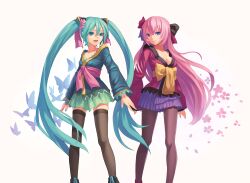  2girls aqua_eyes blue_eyes bug butterfly chinese_commentary chou_(module) commentary_request fkey green_hair hana_(module) hatsune_miku highres lolita_fashion long_hair megurine_luka multiple_girls nail_polish pantyhose petals photoshop_(medium) pink_hair project_diva_(series) project_diva_2nd skirt thighhighs twintails very_long_hair vocaloid wa_lolita 