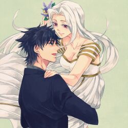  1boy black_eyes black_hair commentary_request couple dress emiya_kiritsugu fate/zero fate_(series) female husband_and_wife irisviel_von_einzbern irisviel_von_einzbern_(angel&#039;s_song) long_hair mitui321 red_eyes straight white_hair 