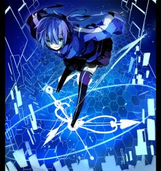  bad_id bad_pixiv_id bent_over black_skirt black_thighhighs blue_eyes blue_hair blue_jacket blue_theme clock_hands cyawa ene_(kagerou_project) ene_no_dennou_kikou_(vocaloid) facial_mark female full_body headphones honeycomb_(pattern) jacket kagerou_project long_hair long_sleeves looking_at_viewer miniskirt missing_limb pillarboxed pleated_skirt skirt sleeves_past_wrists smile solo thighhighs track_jacket turtleneck twintails vocaloid zipper 