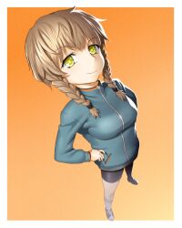  amane_suzuha bad_id bad_pixiv_id bike_shorts braid breasts brown_hair commentary_request female foreshortening gradient_background hands_on_own_hips jacket looking_at_viewer medium_breasts onsoku_inu orange_background paint.net_(medium) perspective raised_eyebrow smile solo steins;gate track_jacket track_suit twin_braids yellow_eyes zipper 