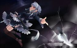  black_thighhighs boots braid bridal_garter broken_glass commentary_request female glass grey_hair holding izayoi_sakuya knife maid maid_headdress outstretched_arm red_eyes shin_(new) solo thighhighs touhou twin_braids 