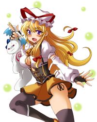  :3 black_gloves blonde_hair blush boots bow breasts cirno cleavage commentary_request corset cosplay detached_sleeves female fingerless_gloves gloves grabbing_another&#039;s_ear hair_ribbon hairbow hand_on_another&#039;s_ear hat hat_ribbon highres kyuubee large_breasts leg_up long_hair long_sleeves looking_at_viewer magical_girl mahou_shoujo_madoka_magica mahou_shoujo_madoka_magica_(anime) miniskirt open_clothes open_mouth open_shirt outstretched_arm outstretched_hand panties photoshop_(medium) purple_eyes purple_legwear red_eyes ribbon saipin shirt side-tie_panties skirt sweat thighhighs tomoe_mami tomoe_mami_(cosplay) tomoe_mami_(magical_girl) touhou underwear upskirt yakumo_yukari 