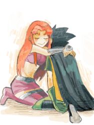  1boy alien black_hair cape cartoon_network couple dc_comics dick_grayson female hug kneeling pixiv_manga_sample red_hair robin_(dc) skirt smile starfire teen_titans 