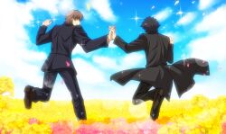  2boys black_hair bloom brown_hair cloud commentary_request day derivative_work ebonywhite emiya_kiritsugu fabulous fate/zero fate_(series) field flower flower_field holding_hands interlocked_fingers kotomine_kirei long_coat male_focus multiple_boys outdoors parody photoshop_(medium) sky sparkle 