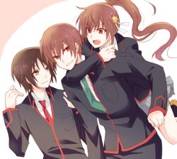  2boys bad_id bad_pixiv_id brown_eyes brown_hair female fukamizu_shion little_busters! long_hair multiple_boys naoe_riki natsume_kyousuke natsume_rin oerba_yun_fang ponytail school_uniform short_hair 