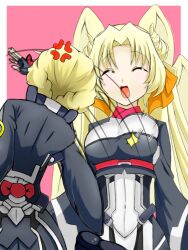  2girls :d adele_balfetto ange angry bodysuit braid breasts closed_eyes horn kyoukai_senjou_no_horizon kyoukaisenjou_no_horizon margot_knight multiple_girls nukonu-ko open_mouth smile wings 