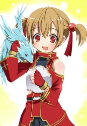  armor bad_id bad_pixiv_id breastplate brown_hair dragon female fingerless_gloves gloves okotan_(dewdrops) pina_(sao) red_eyes short_hair short_twintails silica sword_art_online twintails 