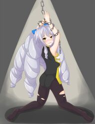  black_legwear bodysuit chains drill_hair female female highres kyoukai_senjou_no_horizon kyoukaisenjou_no_horizon long_hair nate_mitotsudaira neito_mitotsudaira silver_hair solo tears very_long_hair yellow_eyes 