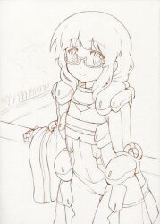  adele_balfetto bodysuit female female flat_chest glasses kyoukai_senjou_no_horizon kyoukaisenjou_no_horizon monochrome solo 