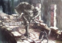  1boy armor axe battle breastplate bridge commentary_request dark_souls_(series) dark_souls_i dated full_armor gauntlets golem greaves ground_shatter helm helmet iron_golem_(dark_souls) iron_tarkus knight kotarou_(rakugaki_shirushi) pauldrons pillar running shield shoulder_armor signature sword weapon 