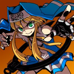  1boy artist_name bare_shoulders bike_shorts blonde_hair bridget commentary_request cross cuffs fighting_stance fingerless_gloves gloves green_eyes guilty_gear guilty_gear_xx habit handcuffs male_focus nun otoko_no_ko photoshop_(medium) short_hair sleeveless solo suparu_(detteiu) 