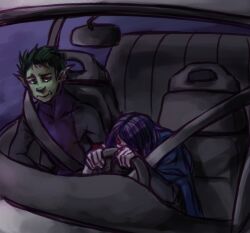  1boy beast_boy cape car dc_comics female green_eyes green_hair green_skin purple_hair raven_(dc) sitting superhero teen_titans 