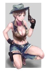  belt boots breasts brown_hair cleavage commentary_request cowboy cowboy_hat cowboy_western cutoffs denim denim_shorts female fingerless_gloves fringe_trim front-tie_top full_body gloves green_eyes grey_shorts gun hand_on_own_hip handgun hat holster large_breasts looking_at_viewer midriff navel official_alternate_costume photoshop_(medium) rebecca_chambers resident_evil resident_evil_0 revolver sgk short_hair shorts smile solo squatting thigh_holster vest weapon 