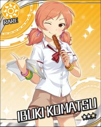  artist_request brown_eyes card_(medium) character_name earrings eyelashes female hot_dog idolmaster idolmaster_cinderella_girls jewelry ketchup komatsu_ibuki official_art one_eye_closed orange_background orange_hair school_uniform solo sun_symbol 