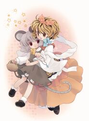  2girls animal animal_ears animal_print bad_id bad_pixiv_id biyon black_hair blonde_hair bloomers blush bow bracelet crystal food grey_hair hair_ornament highres hug hug_from_behind jewelry kemonomimi_mode long_skirt long_sleeves mouse_ears mouse_tail multicolored_hair multiple_girls navel nazrin necklace open_mouth pendant photoshop_(medium) red_eyes shawl short_hair skirt smile tail tiger_ears tiger_print tiger_tail toramaru_shou touhou two-tone_hair underwear wide_sleeves yellow_eyes 