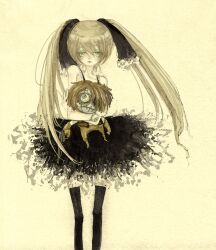  bad_anatomy bare_shoulders black_dress black_legwear blue_eyes chuck_(shaman_king) commentary_request doll dress faux_traditional_media female gothic_lolita graphite_(medium) gun hair_between_eyes hair_ribbon hideandseek holding jitome lolita_fashion long_hair looking_at_viewer marion_phauna mixed_media petticoat ribbon sepia shaman_king short_dress simple_background skinny thighhighs traditional_media weapon zettai_ryouiki 