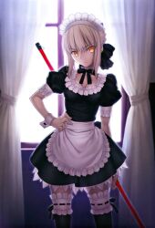  absurdres apron artoria_pendragon_(fate) black_thighhighs blonde_hair carnival_phantasm fate/stay_night fate_(series) female frilled_thighhighs frills hand_on_own_hip highres maid maid_headdress official_alternate_costume photoshop_(medium) puffy_sleeves saber_alter scan solo takeuchi_takashi thighhighs third-party_edit wrist_cuffs yellow_eyes zettai_ryouiki 