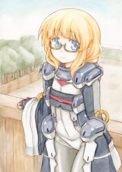  adele_balfetto blonde_hair blue_eyes blush bodysuit commentary_request female fingerless_gloves glasses gloves kyoukaisenjou_no_horizon looking_at_viewer millipen_(medium) painting_(medium) pantyhose smile solo takeshisu traditional_media tree 