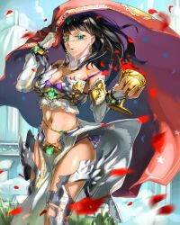  bare_shoulders black_legwear bracelet breasts bridal_gauntlets cape chalice commentary_request cup daible earrings eyelashes fantasy female green_eyes highres jewelry large_breasts long_hair midriff navel original panties parted_lips petals purple_panties side-tie_panties solo underwear veil 