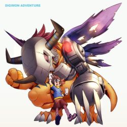  1boy bad_id bad_pixiv_id brown_hair claws closed_eyes copyright_name digimon digimon_(creature) digimon_adventure gloves goggles hajime_(hajime-ill-1st) helmet horns mechanical_arms metalgreymon monster red_hair sharp_teeth short_hair short_sleeves shorts single_mechanical_arm smile teeth torn_wings wings yagami_taichi 