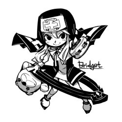  1boy bad_id bad_pixiv_id bow bridget character_name cross greyscale guilty_gear guilty_gear_xx habit hounori light_smile long_hair looking_at_viewer male_focus monochrome nun otoko_no_ko simple_background smile solo stuffed_animal stuffed_toy teddy_bear white_background 