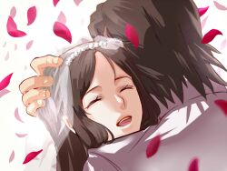  1boy bad_id bad_pixiv_id brown_hair couple female hug husband_and_wife kaburagi_t._kotetsu kaburagi_tomoe long_hair mugentansan petals straight tiger_&amp;_bunny veil wedding 