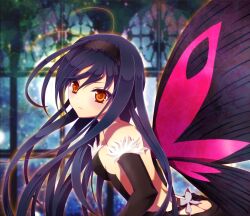  accel_world antenna_hair bare_shoulders black_hair butt_crack butterfly_wings commentary_request dress elbow_gloves female gloves headband insect_wings kuroyukihime long_hair md5_mismatch orange_eyes resolution_mismatch solo source_smaller wings yy_(ohde) 