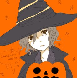  brown_eyes brown_hair commentary_request dark_souls_(series) dark_souls_i english_text female hat jack-o&#039;-lantern lowres mabino215 orange_background pumpkin short_hair solo witch witch_beatrice witch_hat 