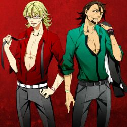  2boys bad_id bad_pixiv_id barnaby_brooks_jr. blonde_hair brown_eyes brown_hair cuts facial_hair glasses green_eyes injury isezin kaburagi_t._kotetsu multiple_boys open_clothes open_shirt shirt stubble tiger_&amp;_bunny watch wristwatch 