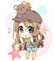  blonde_hair blue_eyes cabbie_hat casual chibi commentary_request female hands_on_own_cheeks hands_on_own_face hat k-on! kotobuki_tsumugi long_hair overalls solo stuffed_animal stuffed_toy sunameri_oishii teddy_bear twintails yellow_legwear 