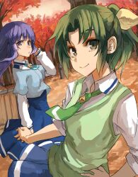  2girls aoki_reika blue_eyes blue_hair commentary_request green_eyes green_hair green_necktie green_sweater_vest long_hair looking_at_viewer midorikawa_nao multiple_girls nanairogaoka_middle_school_uniform necktie open_mouth pepe_(jonasan) ponytail precure school_uniform short_hair sleeves_rolled_up smile smile_precure sweater_vest 