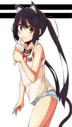  :3 animal_ears bad_id bad_pixiv_id black_hair blush brown_eyes cat_ears cat_tail collarbone female food holding ice_cream ice_cream_cone k-on! long_hair looking_at_viewer nakano_azusa panties solo soto_miyako striped_clothes striped_panties tail tank_top twintails underwear 