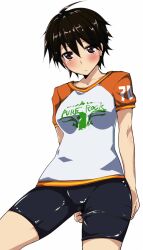  bike_shorts black_hair blush brown_eyes collarbone commentary_request dream_c_club dream_c_club_(series) female nao_(dream_c_club) raglan_sleeves short_hair simple_background solo tomohiro_kai white_background 