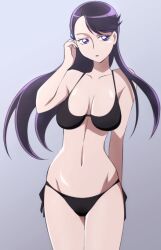  bikini black_bikini breasts commentary_request eyelashes female heartcatch_precure! large_breasts long_hair no_eyewear oimanji precure purple_eyes purple_hair side-tie_bikini_bottom solo swimsuit tsukikage_yuri 