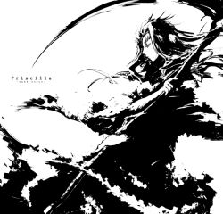  closed_eyes commentary_request dark_souls_(series) dark_souls_i expressionless female greyscale monochrome priscilla_the_crossbreed profile scythe simple_background solo taamo_yu white_background 