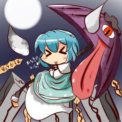  &gt;_&lt; :p blue_hair blush_stickers closed_eyes commentary_request female full_moon gasuto_(kamikami) graveyard hitodama karakasa_obake moon purple_umbrella short_hair skirt solo tatara_kogasa tombstone tongue tongue_out touhou umbrella 