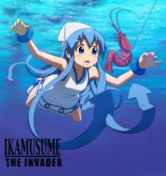  2girls album_cover album_cover_redraw blue_eyes blue_hair blue_theme commentary_request cover derivative_work dress fishing_line hat ikamusume long_hair multiple_girls nagatsuki_sanae nevermind nirvana_(band) parody shinryaku!_ikamusume shrimp shrimp_costume solo_focus swimming tentacle_hair toyomaru underwater 